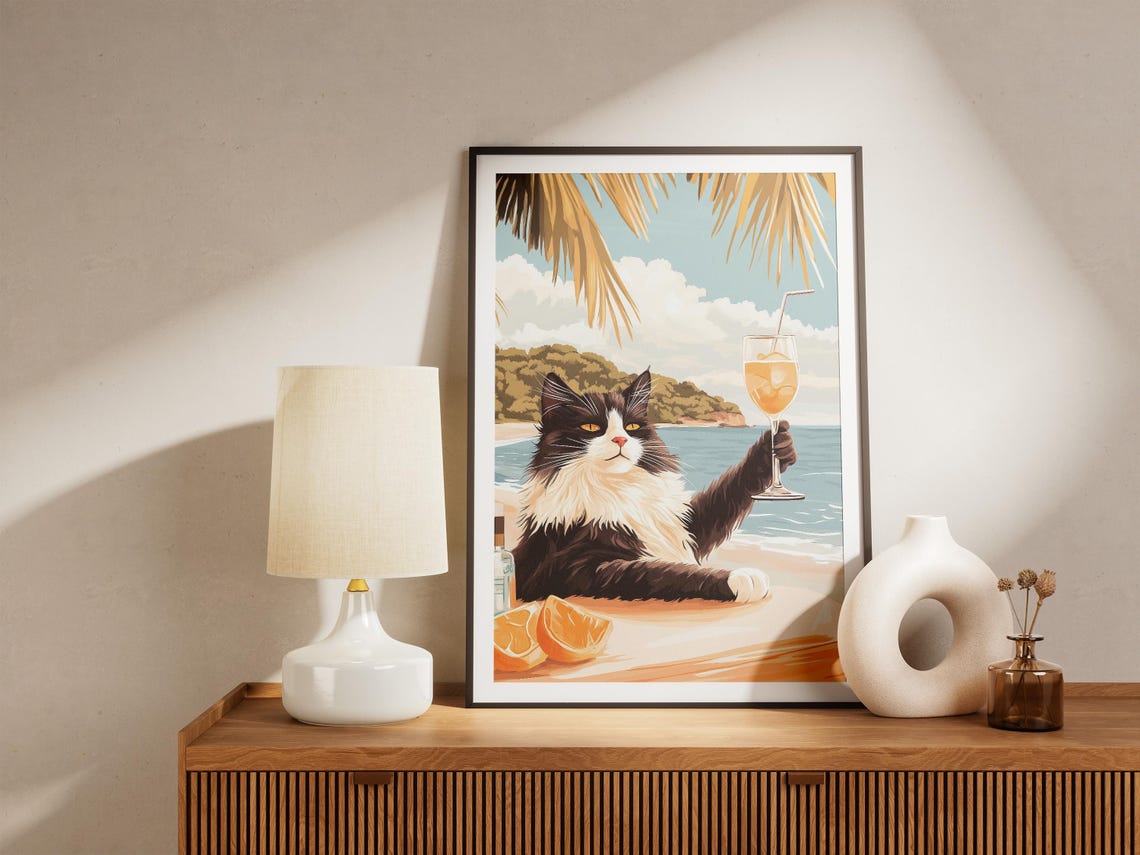 Fluffy Black And White Cat Toasting Cocktail At Beach Bar Poster - Image 5