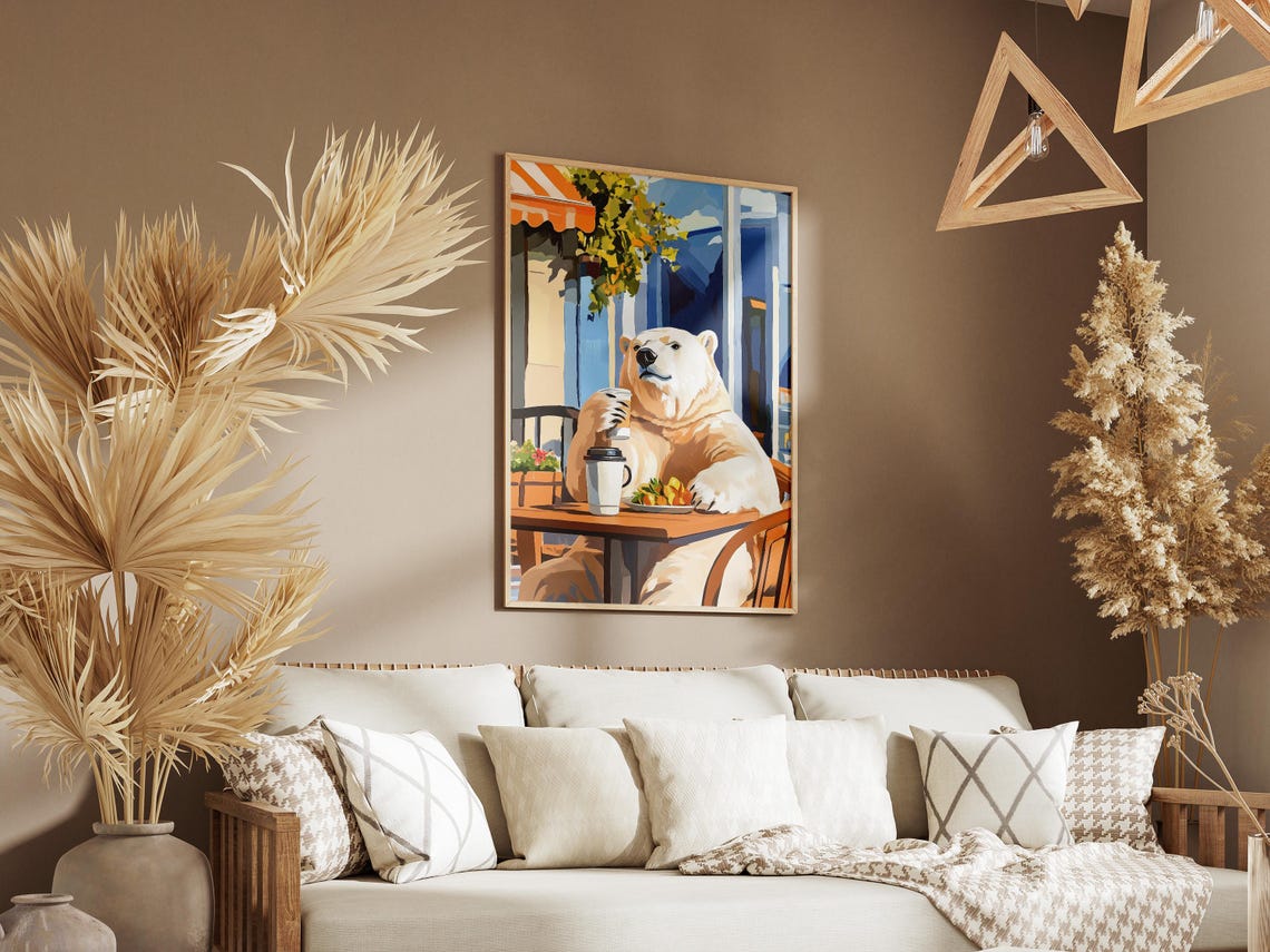 Polar Bear With Takeaway Coffee Cup At A Sunny Cafe Scene Poster - Image 3