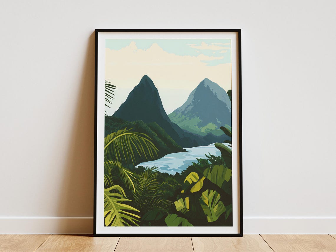 Twin Volcanic Peaks Tropical Lake Jungle Foliage Nature Poster