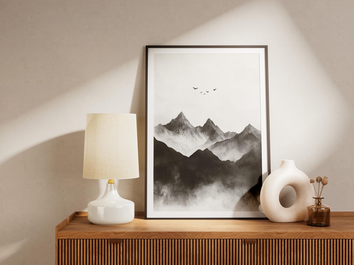 Black Ink Mountain Peaks Flying Birds Minimalist Zen Art Poster - Image 4
