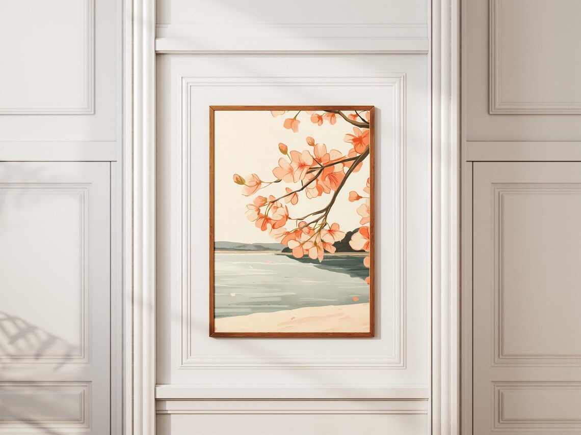 Pink Blossom Branch Over Calm Lake Sandy Shore Minimalist Art Poster - Image 2