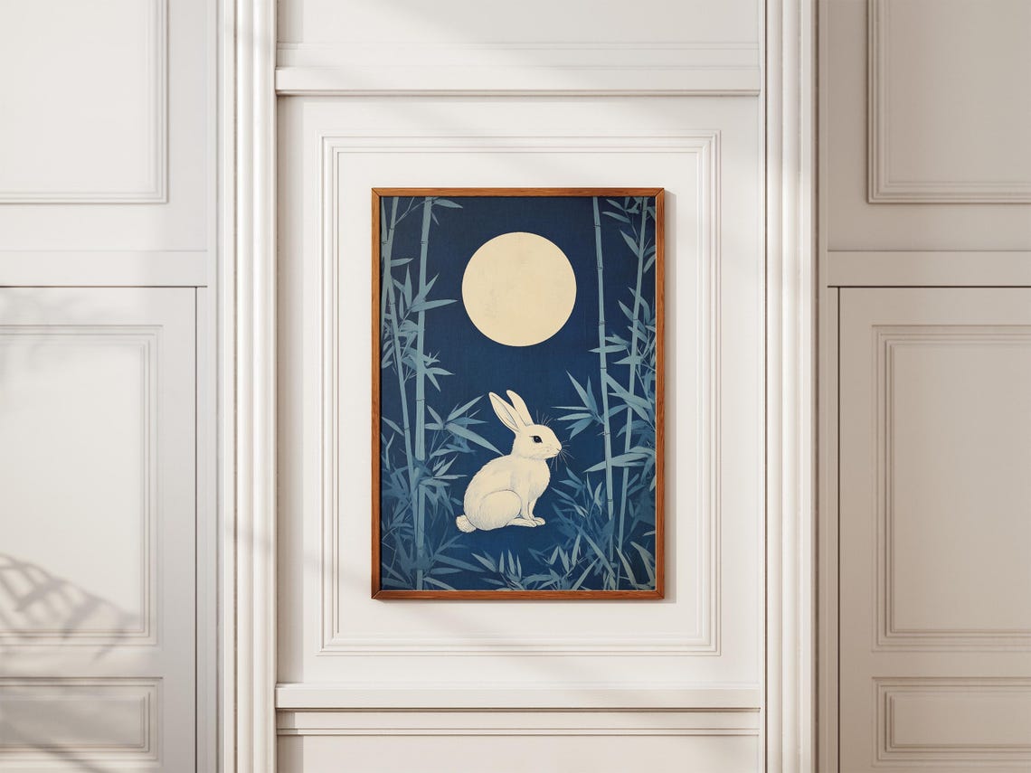 White Rabbit Sitting Under Full Moon in Blue Bamboo Grove Poster - Image 2