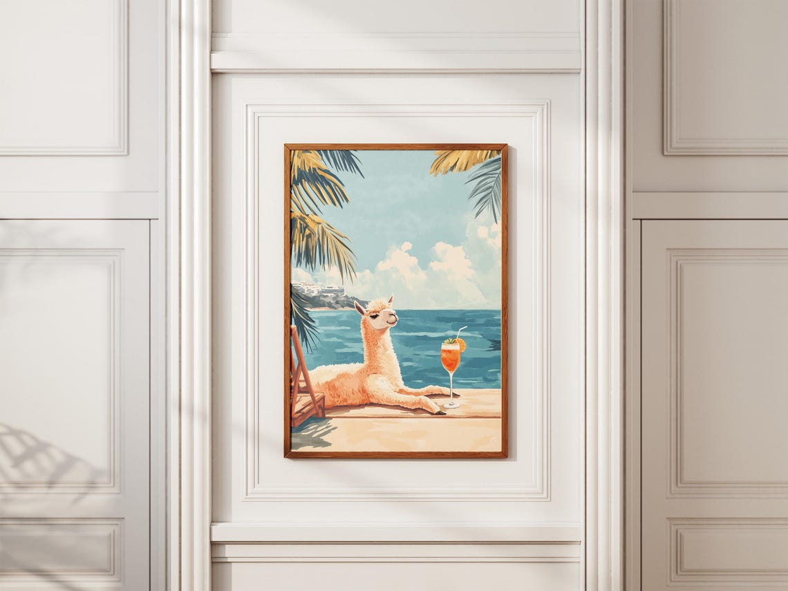 Chill Alpaca Sipping Cocktail By The Sea Palm Tree Beach Poster - Image 2