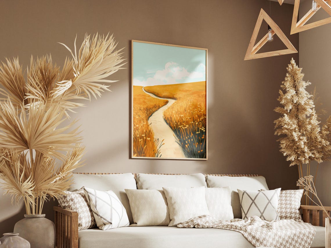 Golden Meadow Hillside Winding Path Sunny Landscape Art Poster - Image 3