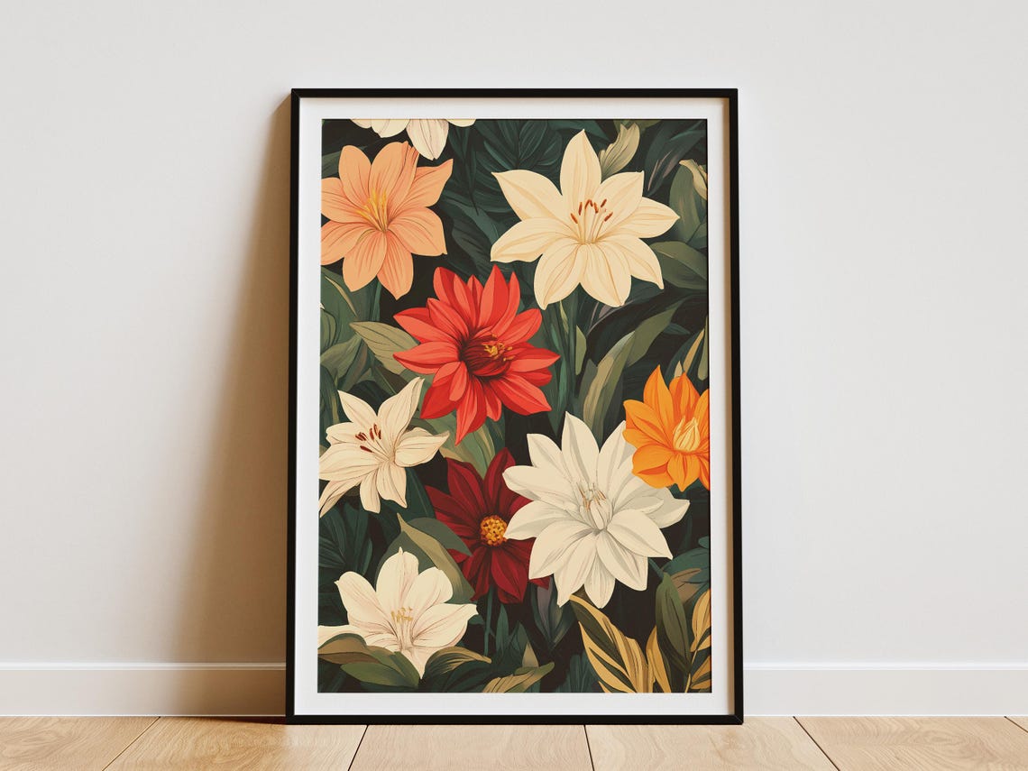 White Orange Red Lilies Against Dark Green Leaves Botanical Poster