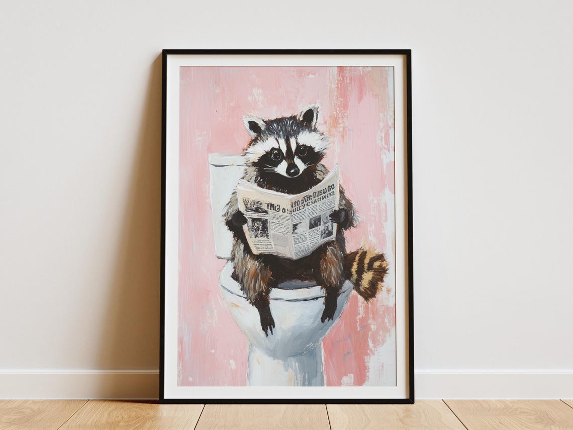 Raccoon Toilet Newspaper Painting Animal Print Funny Bathroom Decor Modern Art Poster Cute Raccoon Gift Pink Wall Art Whimsical Animal
