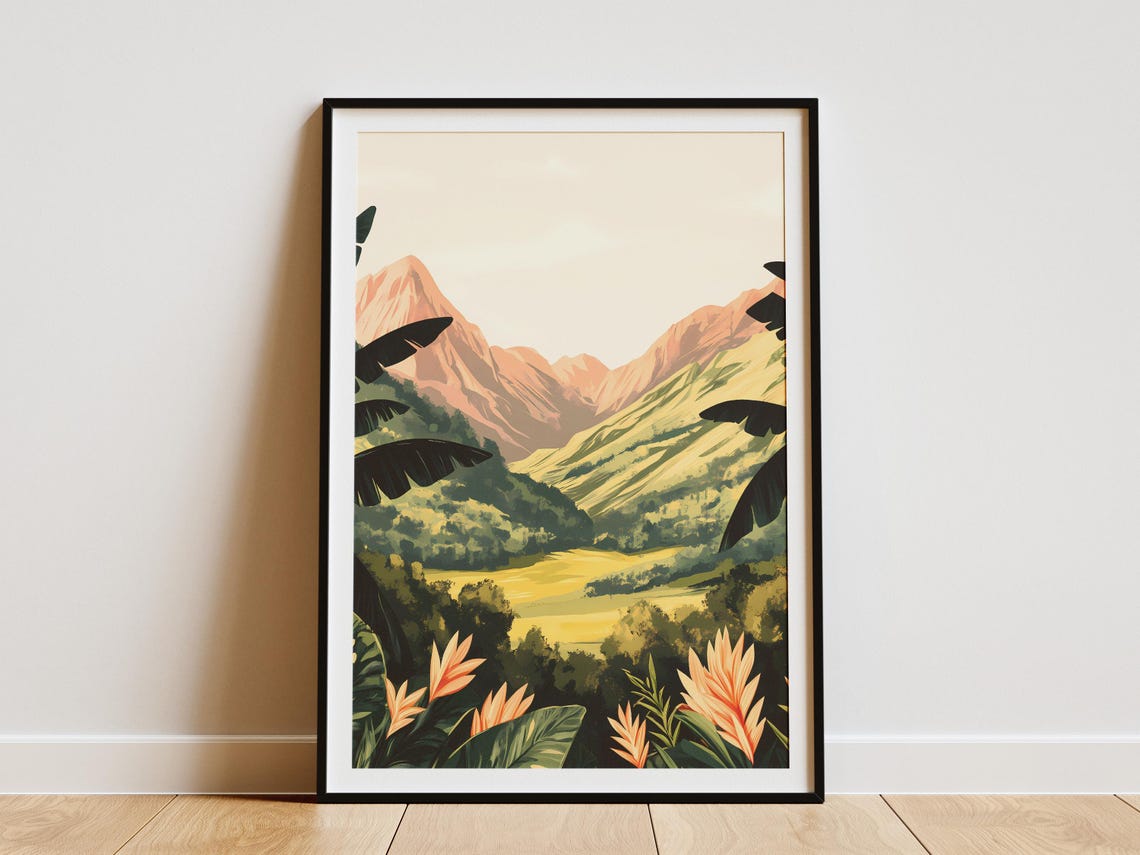 Tropical Mountain Valley With Heliconia Flowers and Pink Peaks Poster