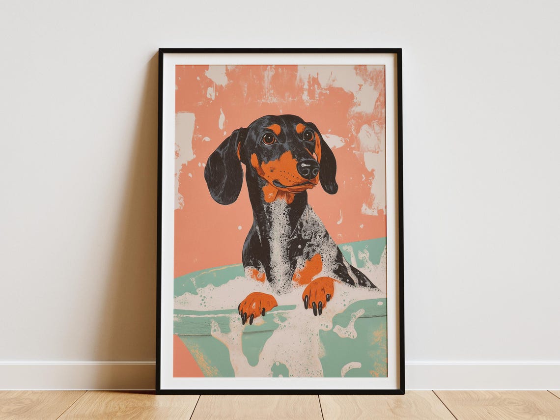 Dachshund Dog Bubble Bath Pop Art Coral Modern Bathroom Art Poster
