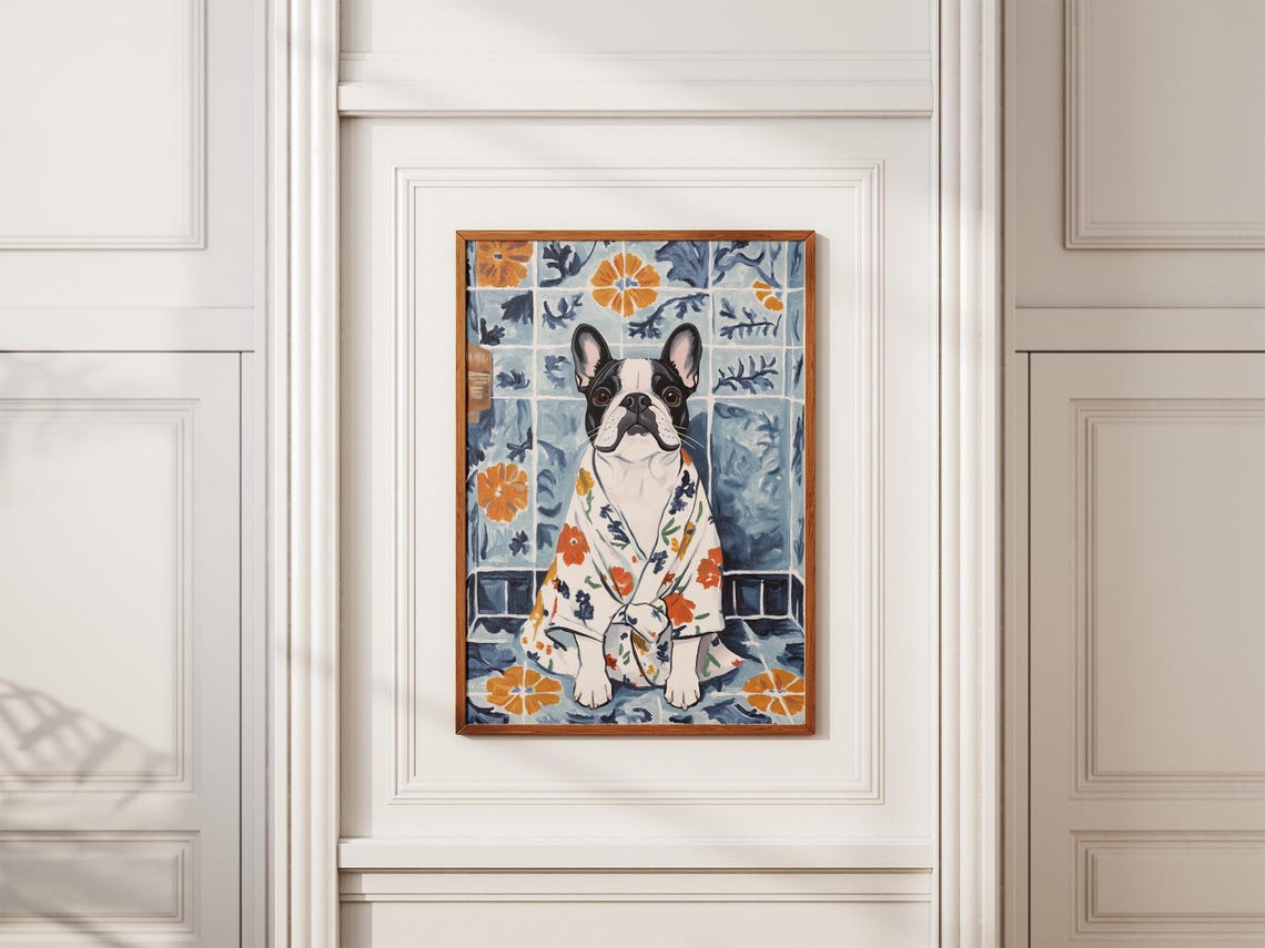 French Bulldog Bathrobe Dog Art Print Dog Poster French Bulldog Gift Dog Lover Gift Cute Dog Bathroom Decor Floral Dog - Image 2