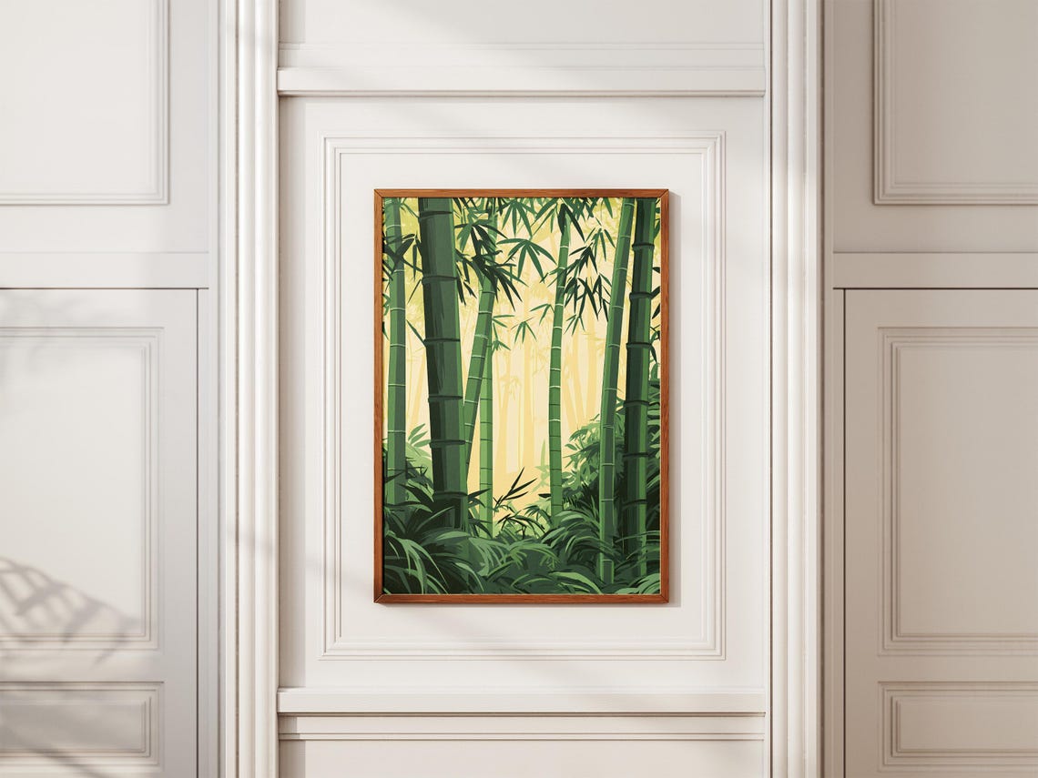 Sunlit Bamboo Forest with Tall Green Stalks Illustration Poster - Image 2