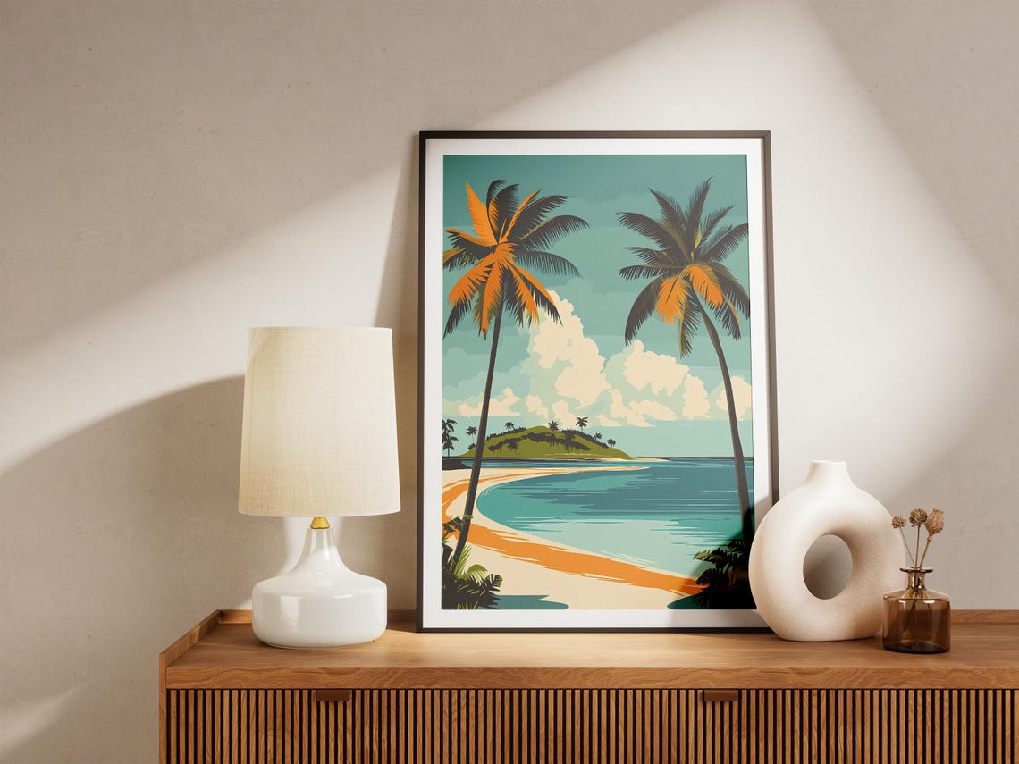 Tropical Beach with Twin Palm Trees Vintage Travel Poster Scenic - Image 5