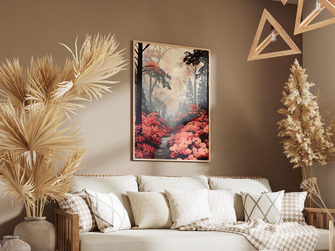 Red Azalea Bushes on a Misty Forest Trail Poster With Autumn Trees - Image 3