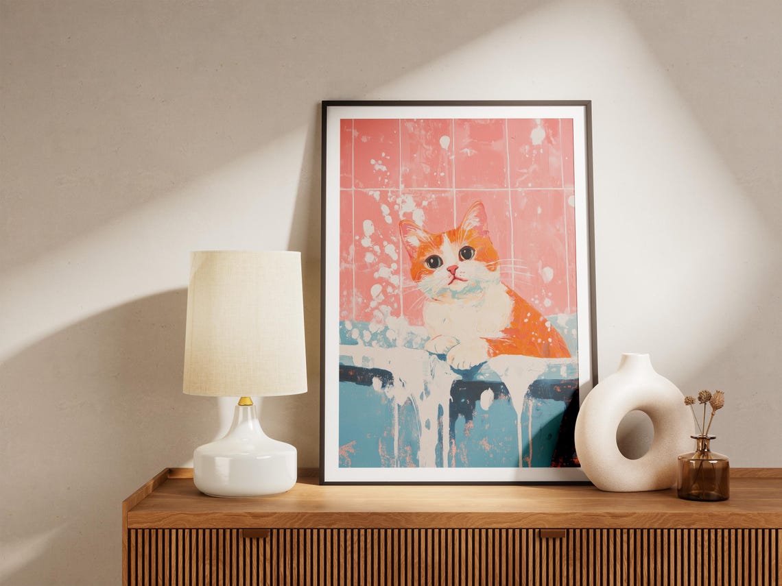 Orange White Cat in Bubble Bath Pink Bathroom Funny Cat Poster - Image 5