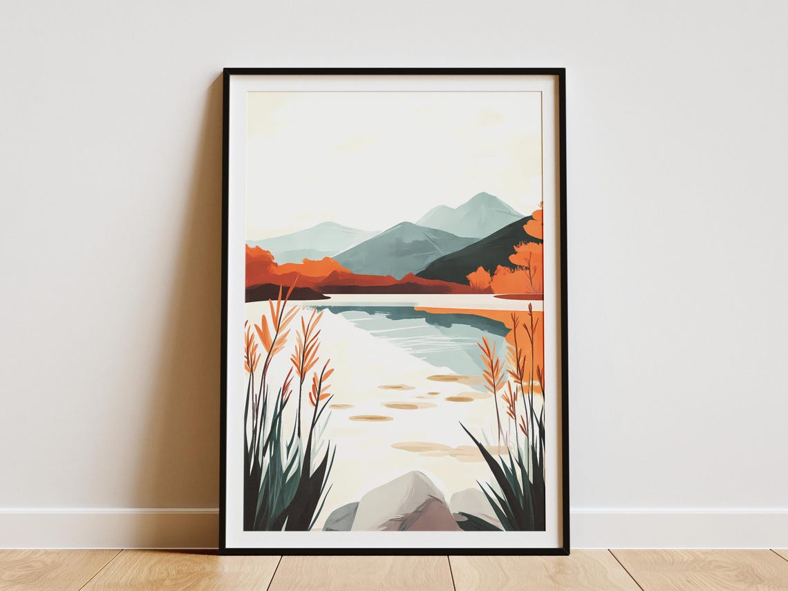 Abstract Mountain Lake With Orange Reeds Modern Nature Poster
