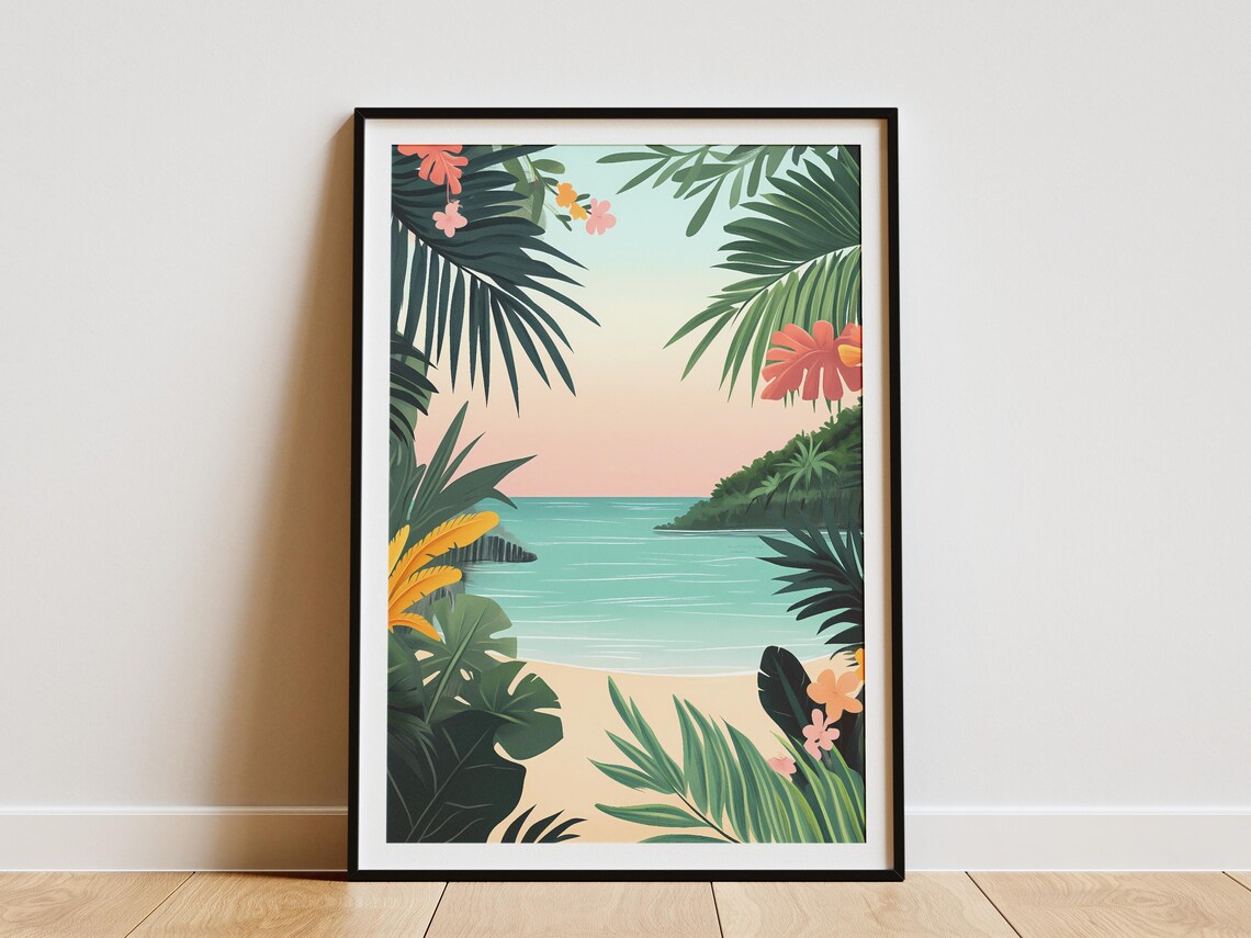 Tropical Cove at Sunset Framed by Palm Leaves Illustration Poster