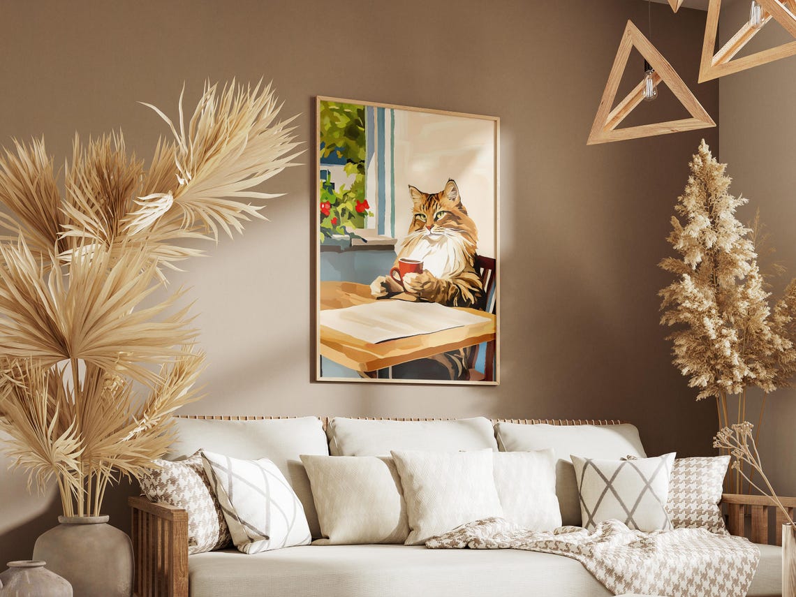 Fluffy Maine Coon Cat Holding a Red Mug at Window Cafe Poster - Image 3