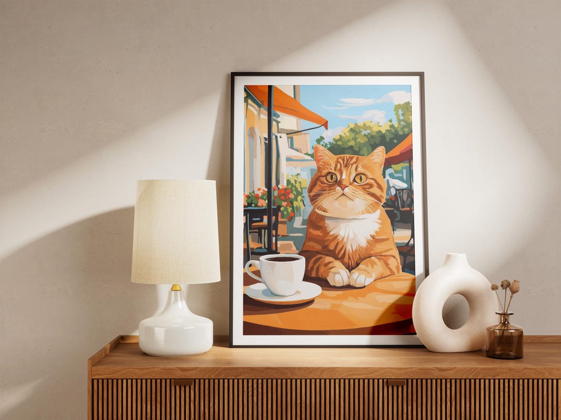Scottish Fold Cat Art Print, Cozy Cafe Coffee Poster - Image 4