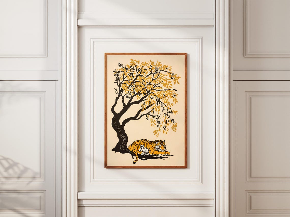 Resting Tiger Under Golden Tree Minimalist Wildlife Art Poster - Image 2