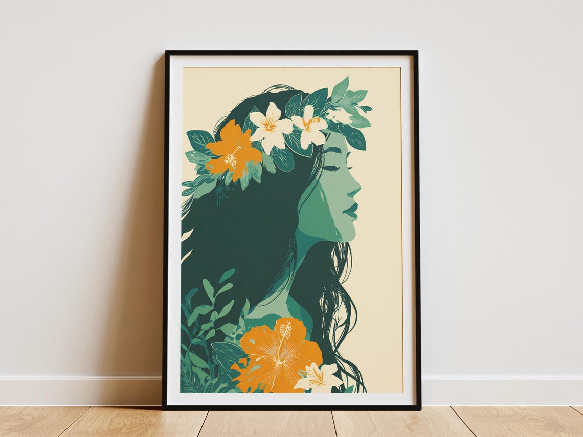 Tropical Woman Profile with Hibiscus Flowers Boho Art Poster