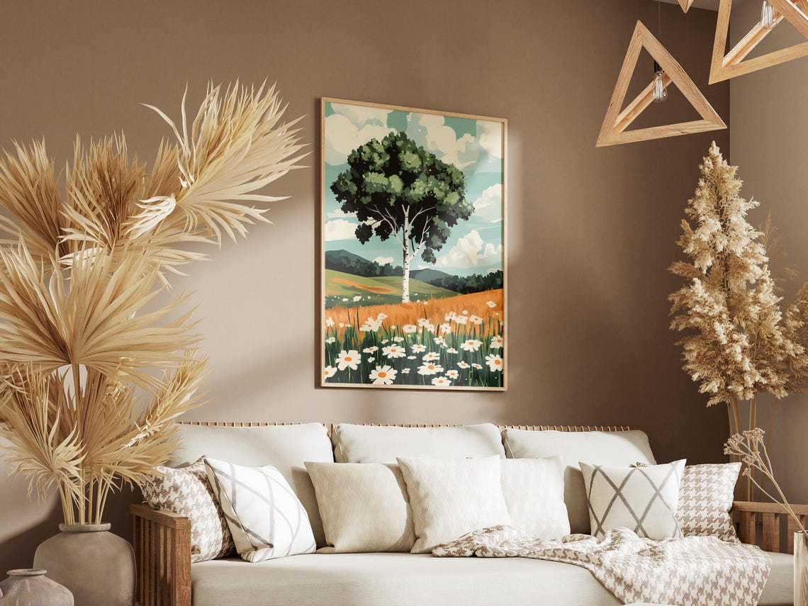 Green Birch Tree with Daisy Meadow Under a Cloudy Sky Poster - Image 3