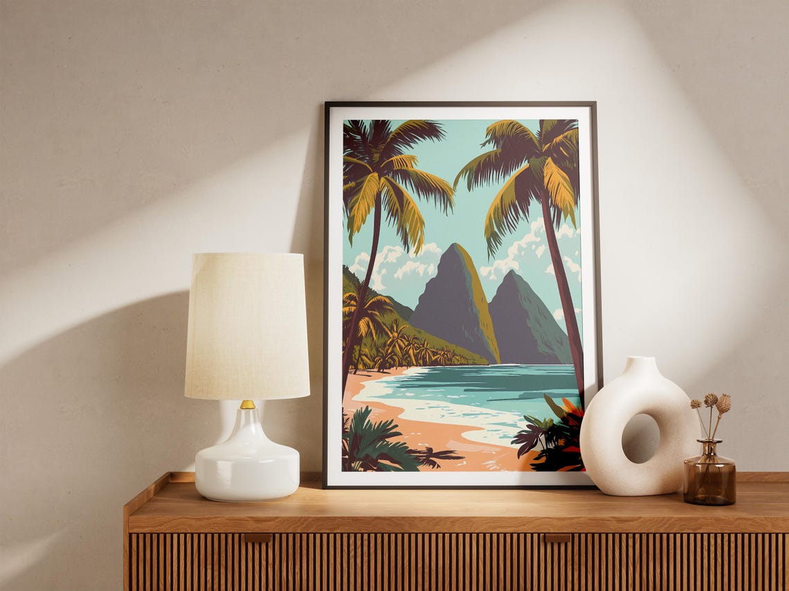 Saint Lucia Twin Pitons Peak Sunny Beach Paradise Travel Poster - Image 5