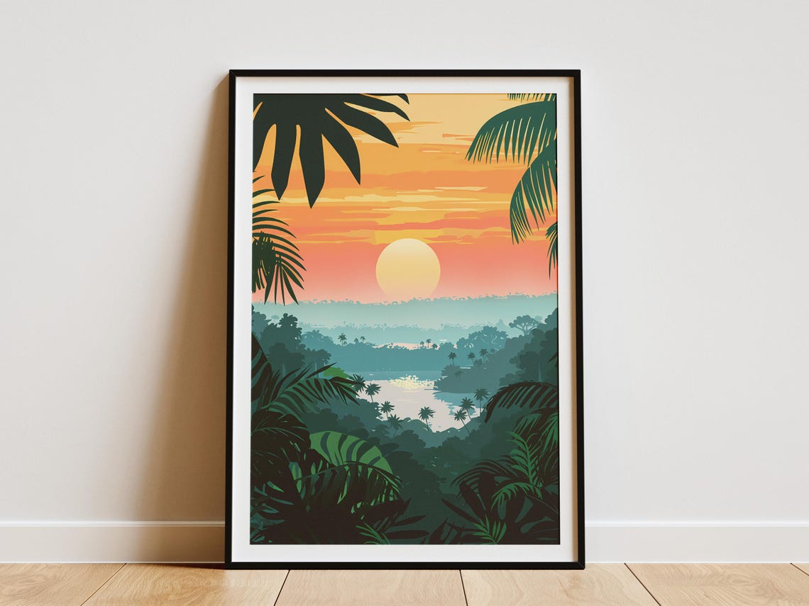 Amazon Rainforest Sunset Canopy River Minimalist Tropical Poster