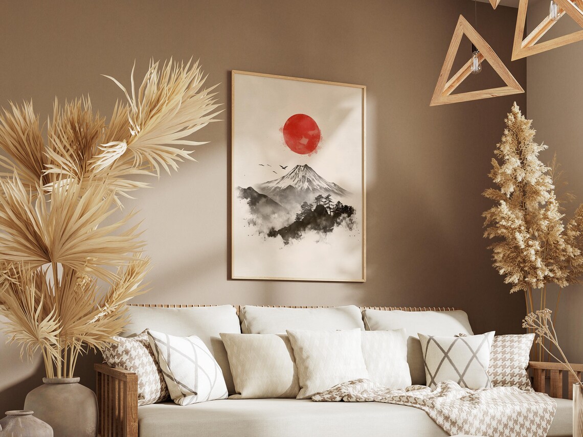 Japanese Mountain Ink Wash Painting Red Sun Asian Scene Poster - Image 3