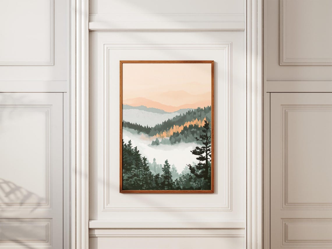 Misty Forest Valley With Layered Pine Ridges in Soft Fog Poster - Image 2