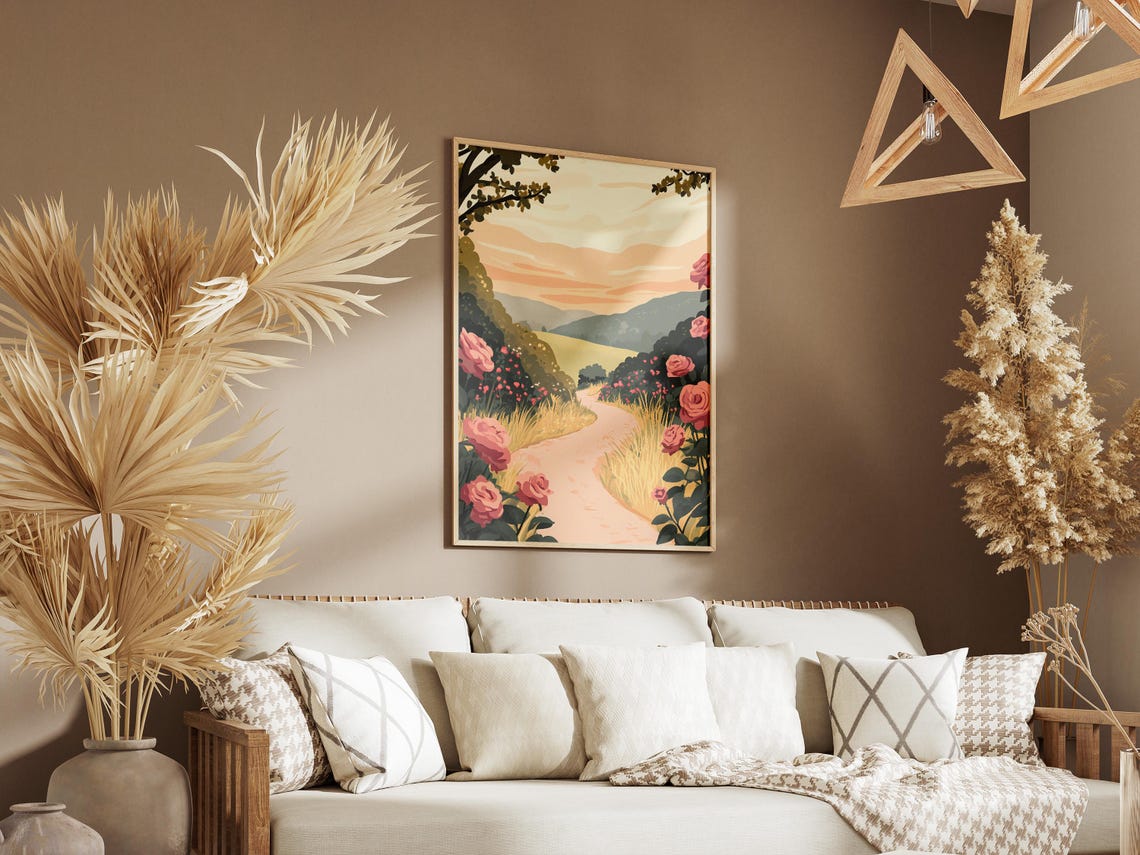 Pink Rose Path Sunset Blooming Garden Trail Valley View Poster - Image 3