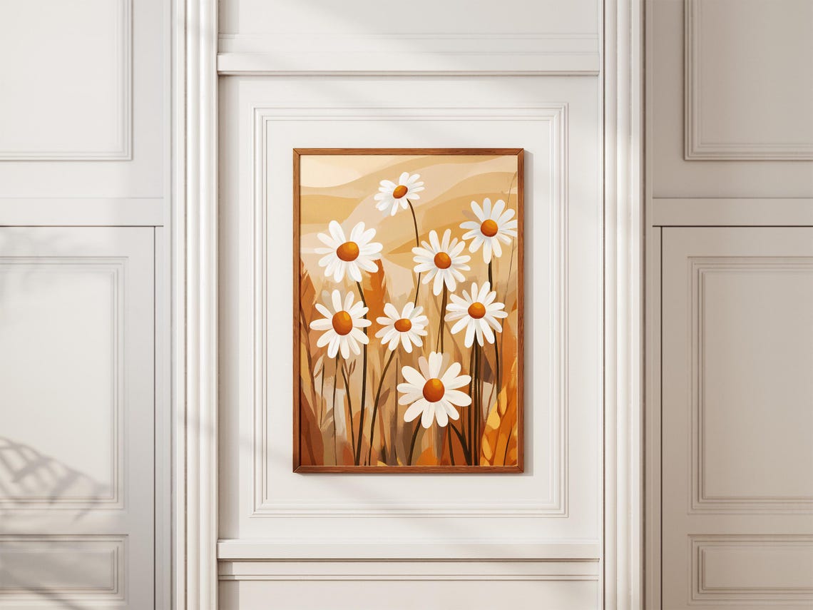 White Daisy Flowers on a Warm Beige Background Poster in Floral Style - Image 2