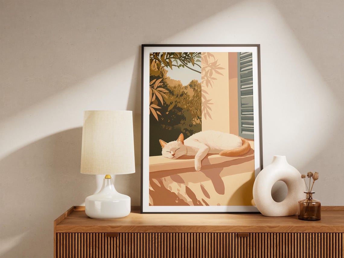 White Cat With Ginger Tail Sunbathing On Sunny Terrace Poster - Image 5