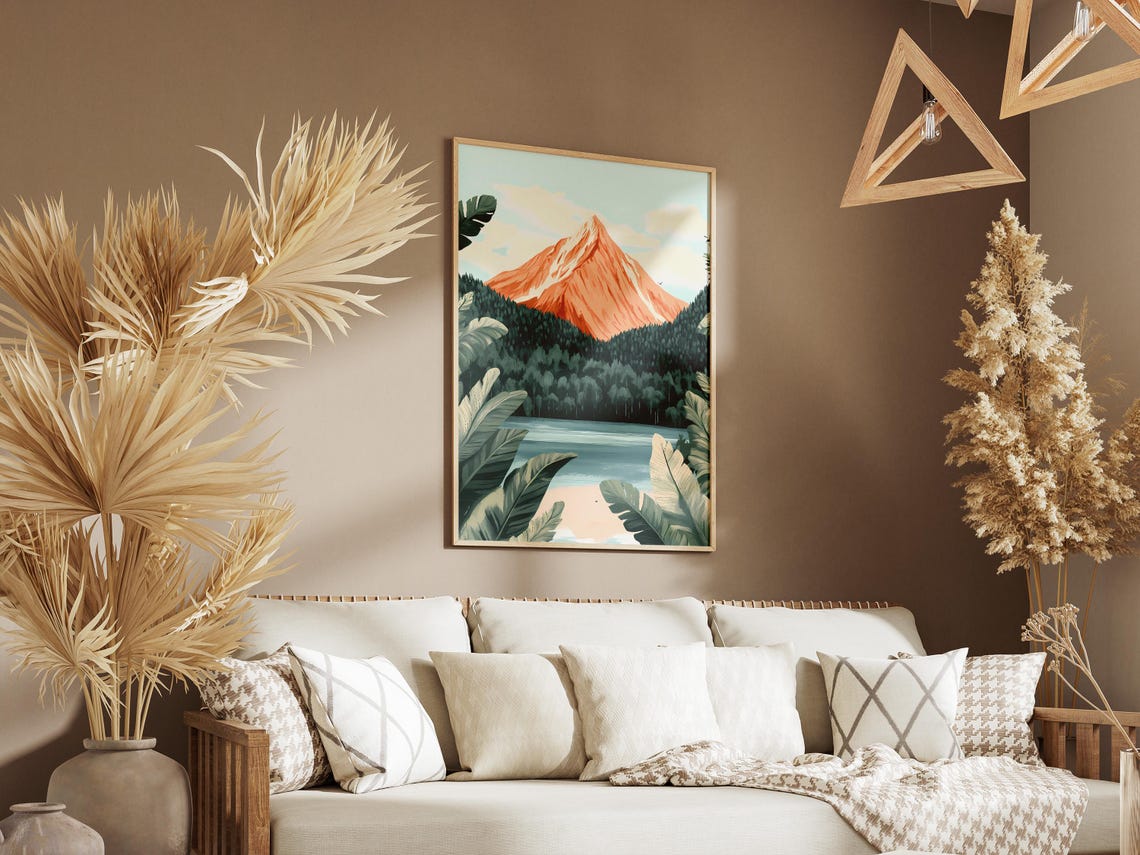 Orange Mountain Peak Above Pine Forest Lake Tropical Leaves Poster - Image 3