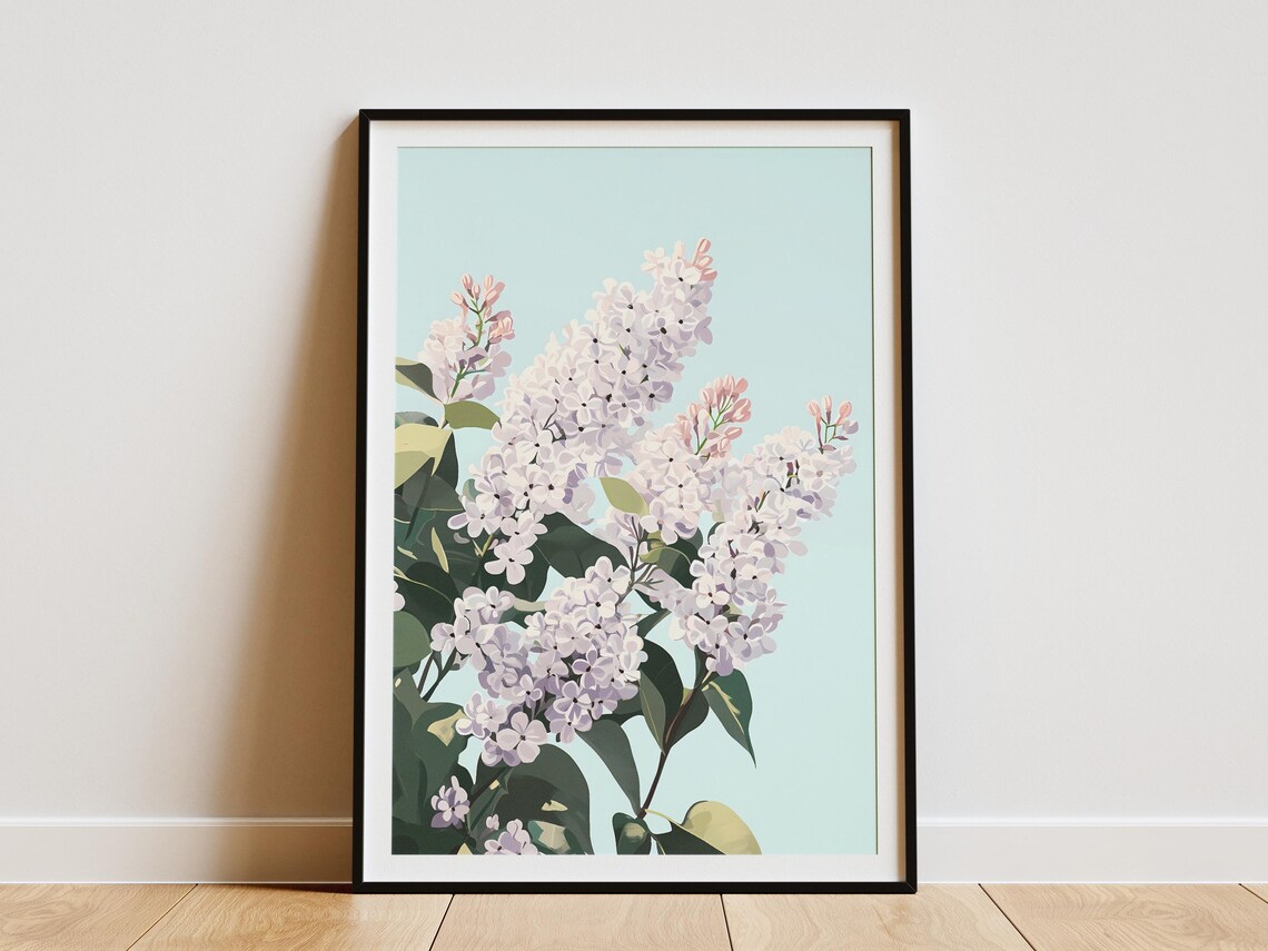 White Lilac Bouquet Pale Blue Sky Minimalist Floral Art Poster