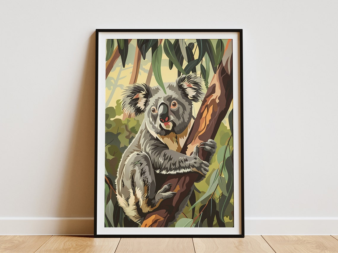 Koala In Eucalyptus Tree Poster Australian Wildlife Animal Art Print Nature Illustration
