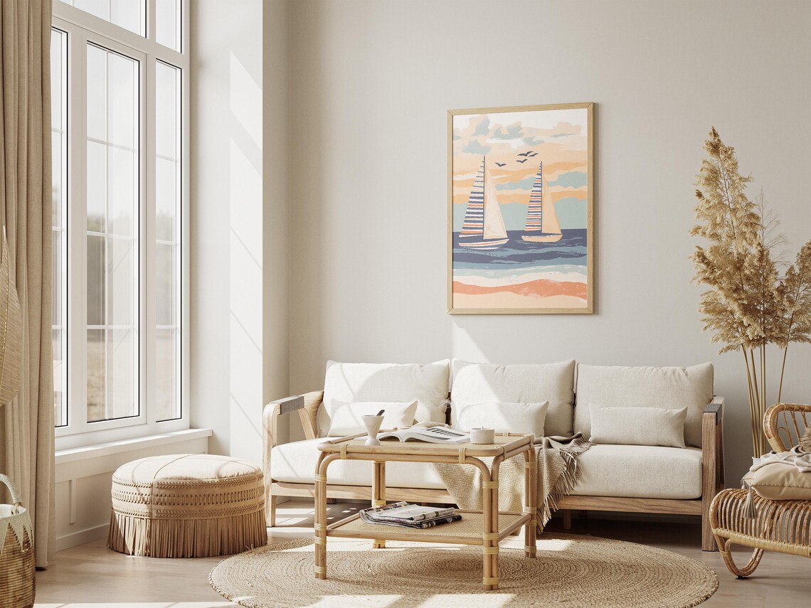 Two Sailboats with Striped Sails on Pastel Seas Watercolor Poster - Image 4