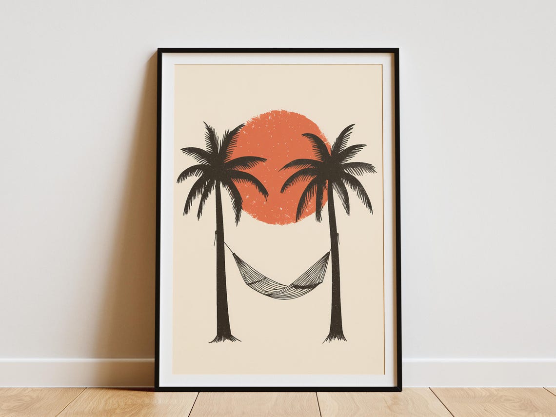 Two Palm Trees with a Hammock Swaying Under a Terracotta Sun Poster