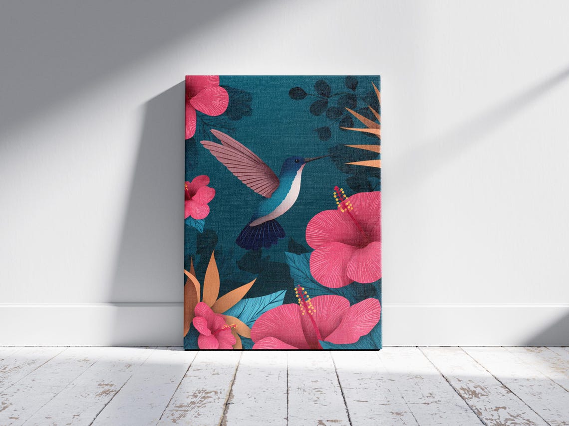 Hummingbird Among Pink Hibiscus Flowers Tropical Botanical Poster - Image 2