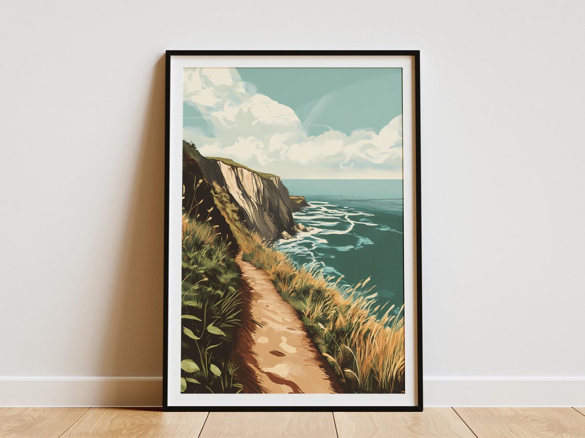 Grassy Cliffside Hiking Trail Overlooking a Turquoise Sea Poster