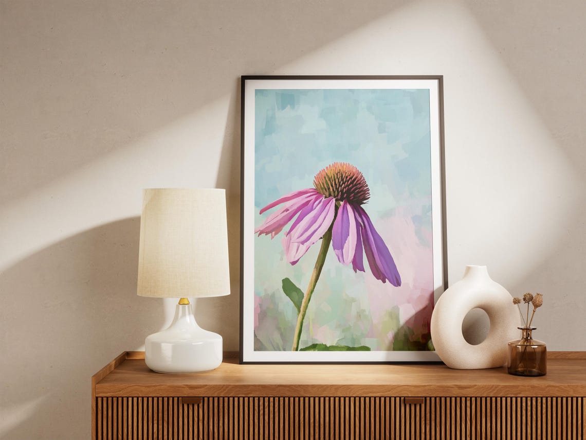 Purple Echinacea Coneflower Bloom On Pastel Blue Floral Poster - Image 4