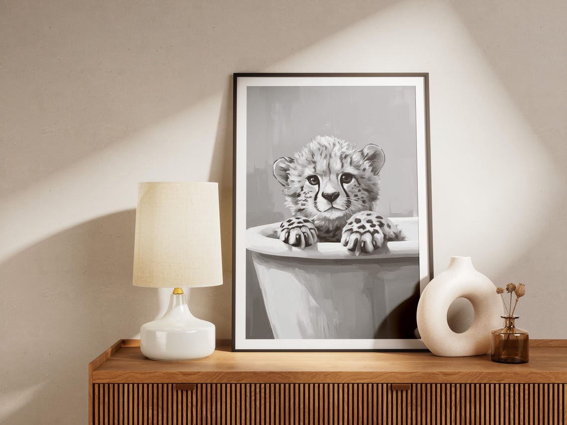Cheetah Cub In A Bathtub With Paws Over Edge Black White Poster - Image 4