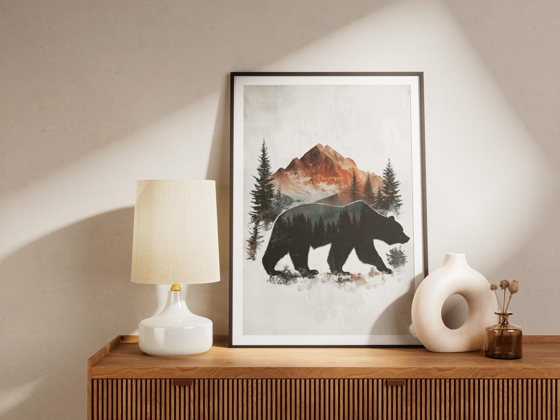 Bear Silhouette Double Exposure Mountain and Forest Art Poster - Image 4
