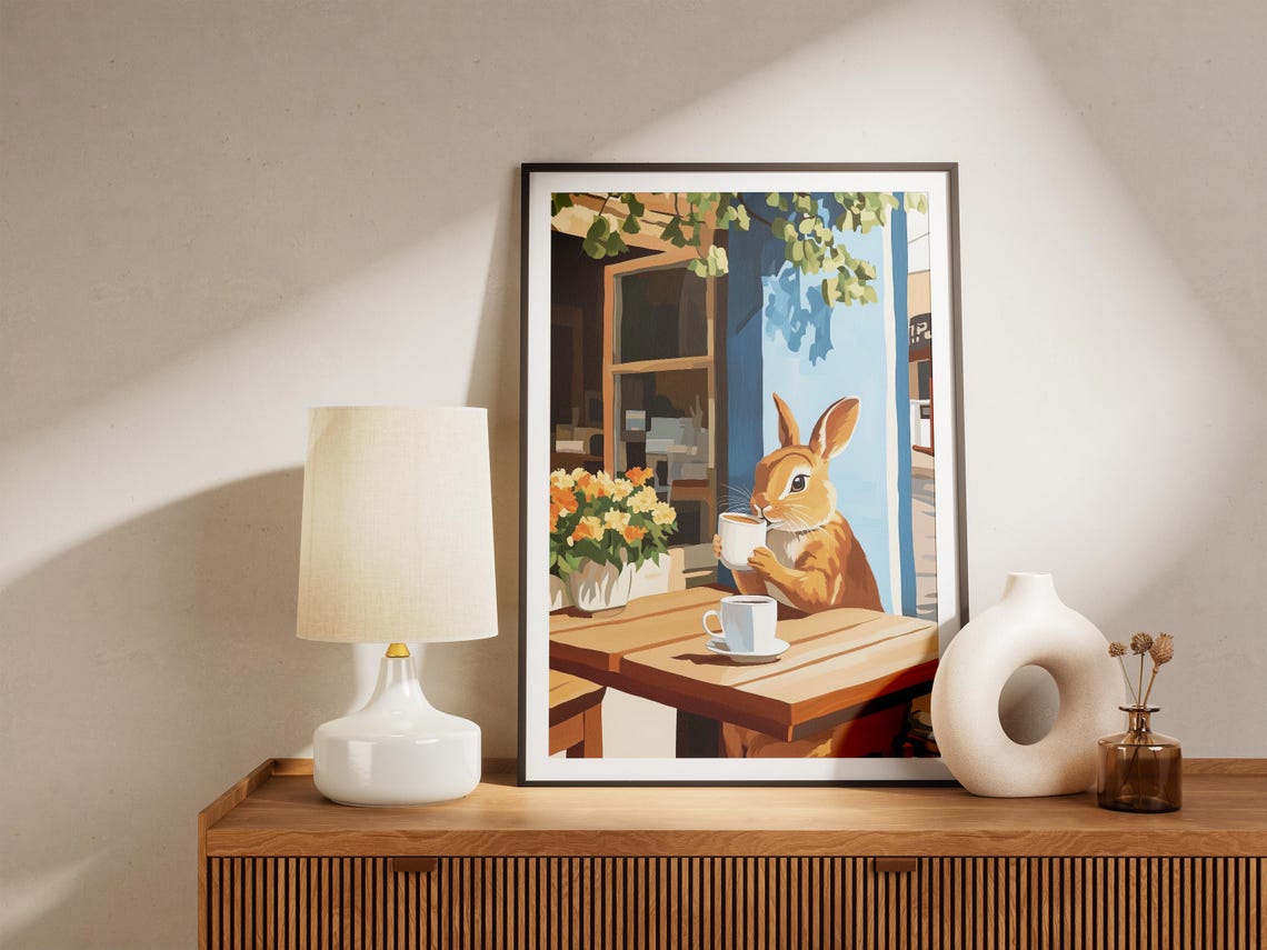 Rabbit Sipping Coffee At A Sunlit Outdoor Cafe Terrace Poster - Image 4