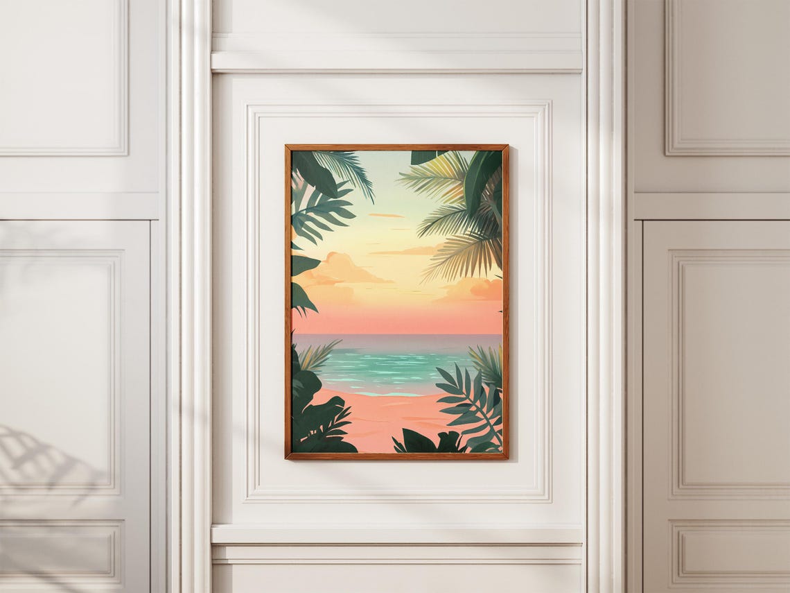 Tropical Beach Sunset Framed By Green Palm Leaves In Pink Poster - Image 2