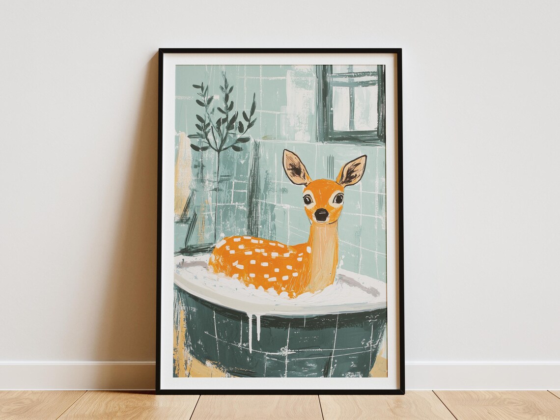 Cute Deer Fawn Bathtub Bubbles Whimsical Modern Bathroom Animal Poster
