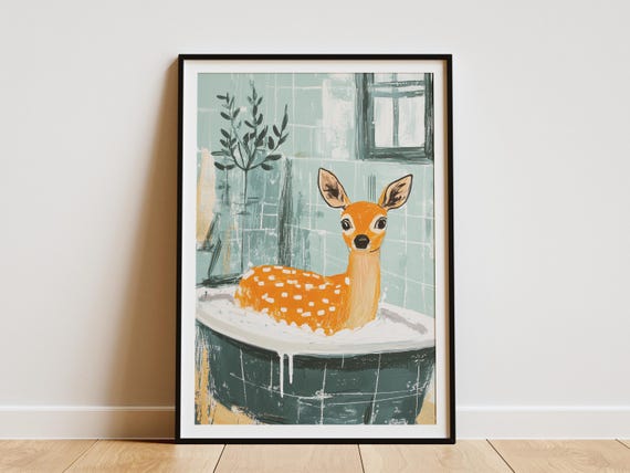 Cute Deer In Bathtub Art Print Modern Bathroom Decor Animal Whimsical Wall Orange And Teal Color Palette Foamy Minimalist