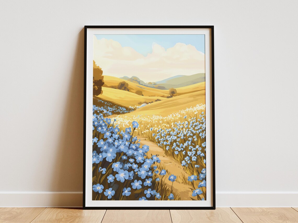 Blue Forget Me Nots Golden Valley Path Tender Landscape Poster