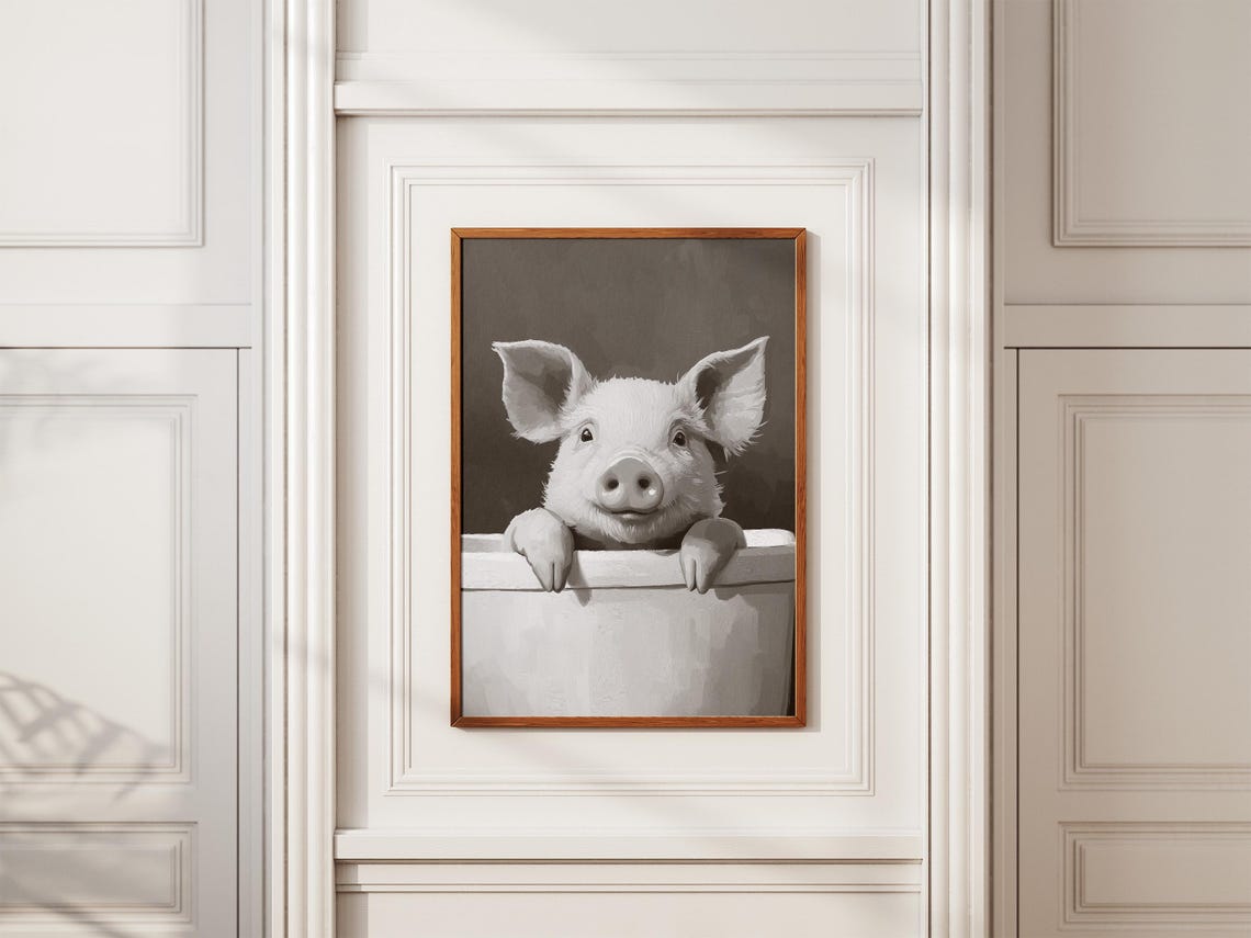 Piglet In Bathtub Poster Cute Pig Black And White Bathroom Decor - Image 2