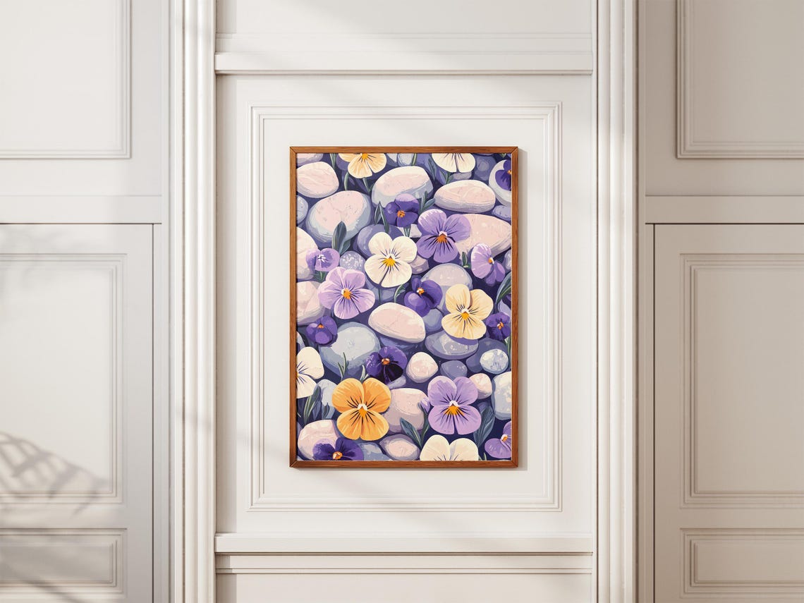 Pansy Flowers Among Pebbles Purple White Yellow Bloom Poster - Image 2