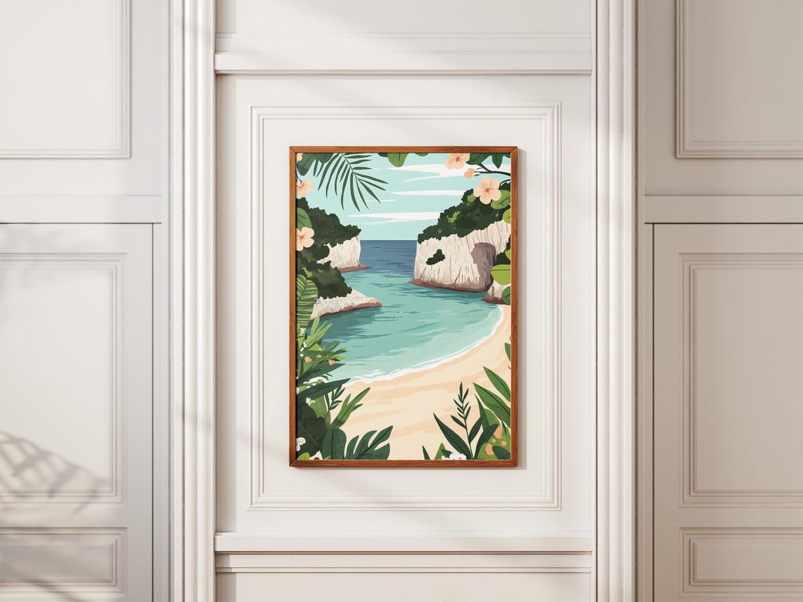 Tropical Beach Cove Between Limestone Cliffs Flower Border Poster - Image 2