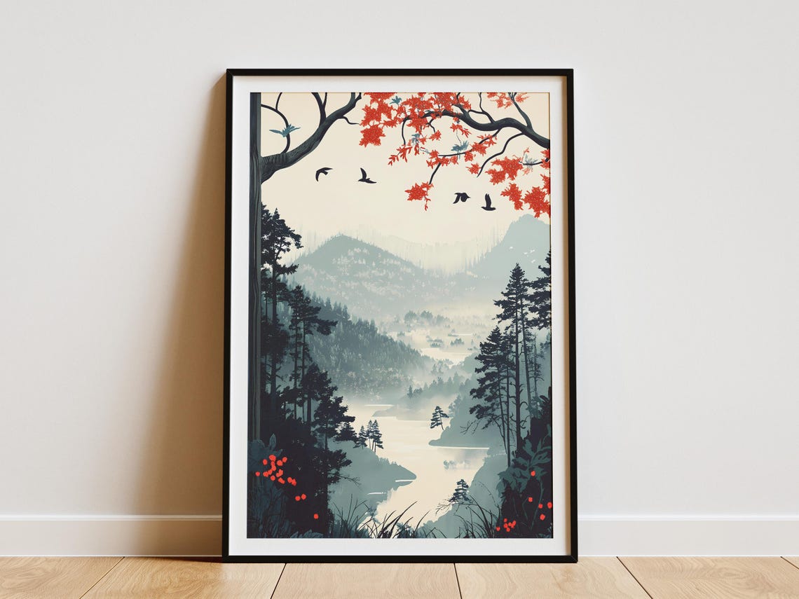 Misty Autumn Lake Valley With Red Maple Branches Birds Poster